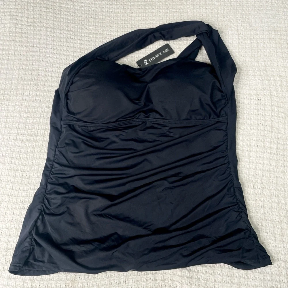 Y2K Tempt Me Ruched Black Halter Tankini Top - Ruched Swimwear BNWT XL - Picture 2 of 9